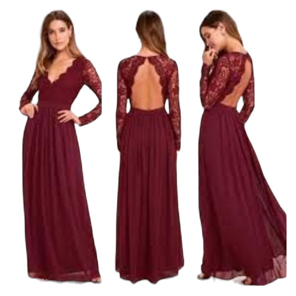Lulus Burgundy Awaken My Love Long Sleeve Lace Maxi Dress Open Back Style (8737) - Picture 2 of 15